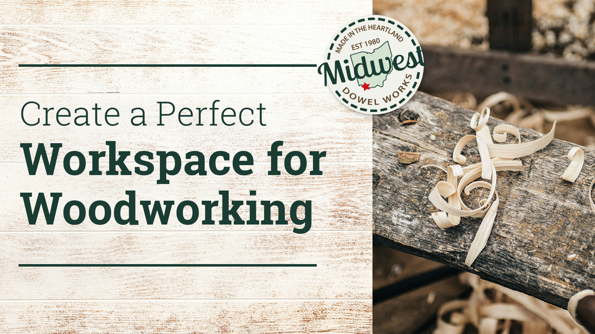 Wood shavings on a plank text reads create a perfect workspace for woodworking