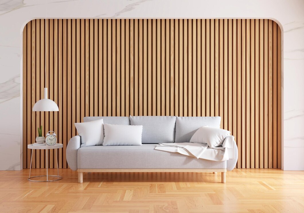 a couch in front of a wall made of decorative dowels