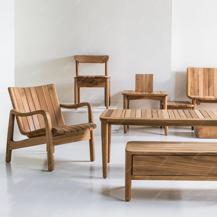 a coffee table and chairs made of decorative dowels