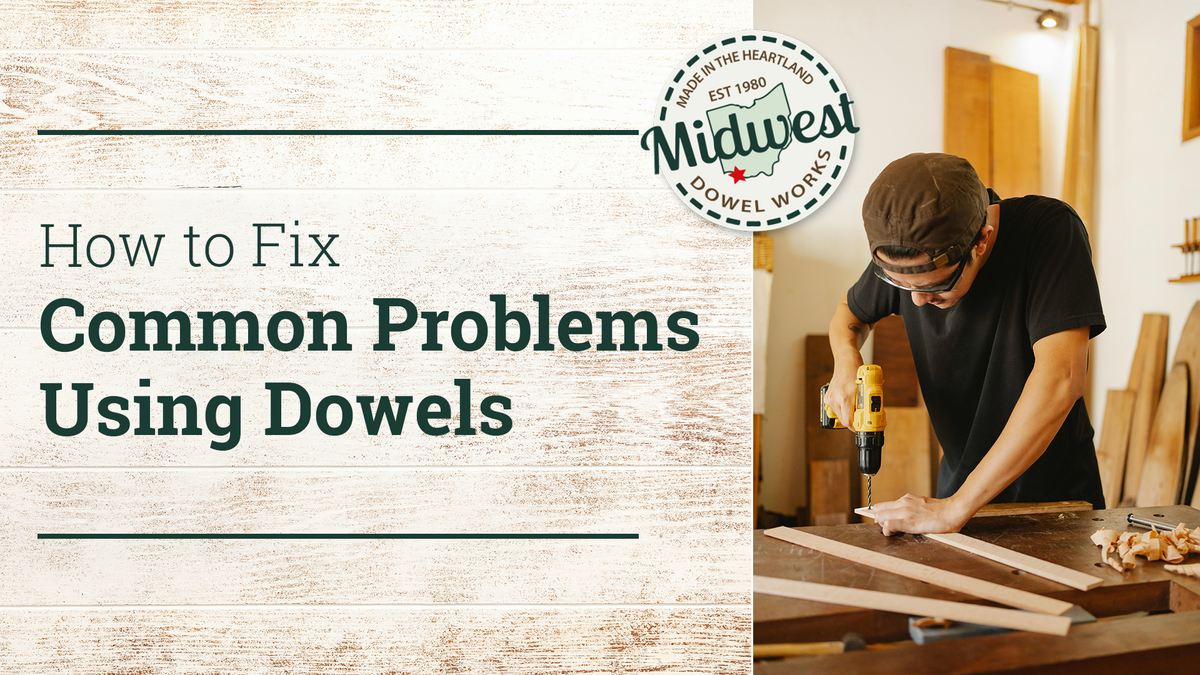 A man drills into a square wooden dowel text reads how to fix common problems using dowels