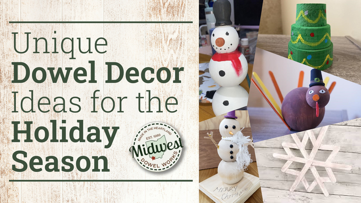 a collage of holiday themed crafts text reads Unique Dowel Decor Ideas for the Holiday Season