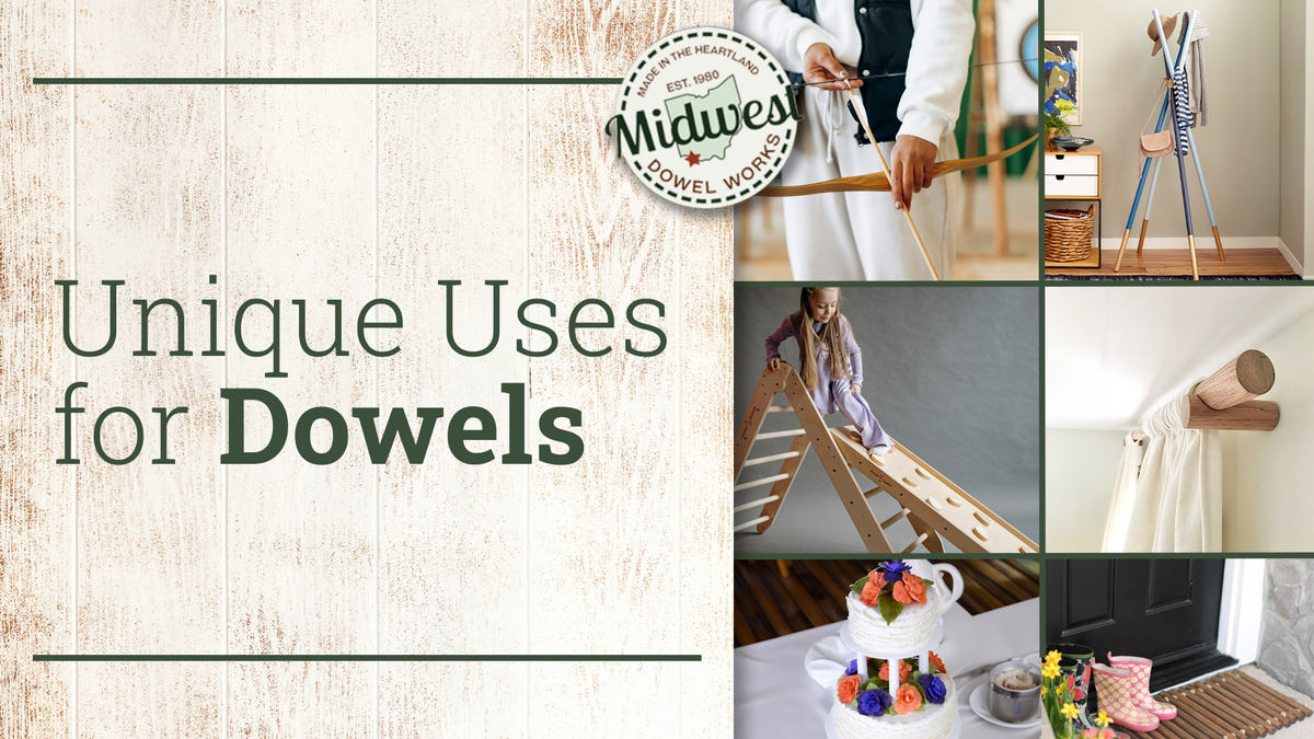 "Unique Uses for Dowels" with collage of dowel projects