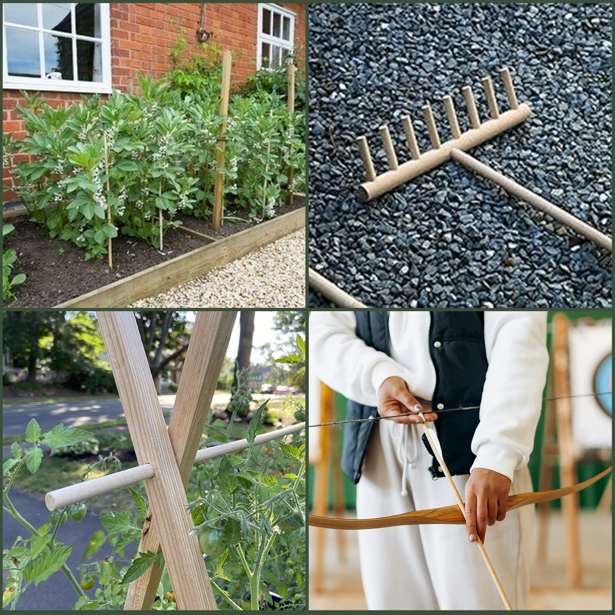 Outdoor dowel crafts (Plant holders, bow and arrow, rake)